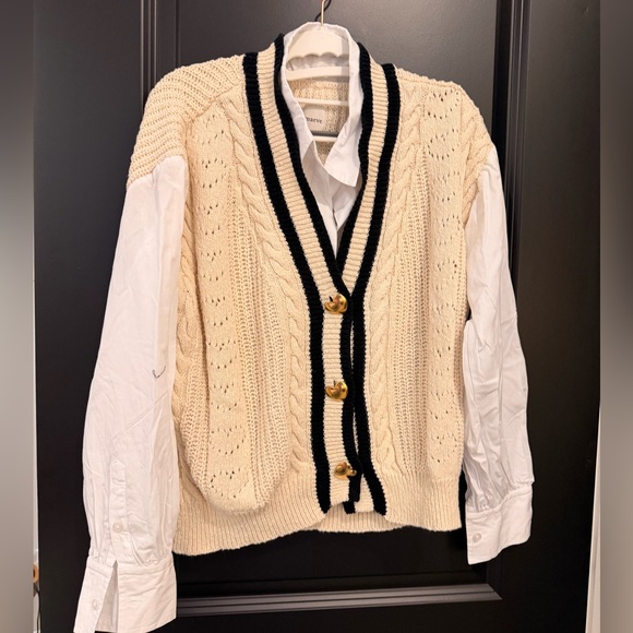 Maeve Sweaters - Maeve Cream Cable Knit Vest with Black Trim and Gold Buttons